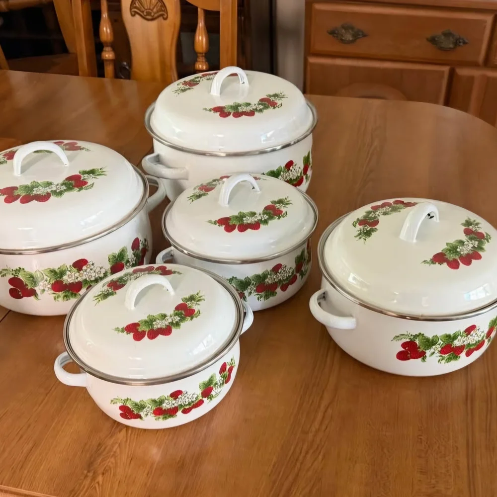 Vintage GMI Enameled Strawberry Cookware Pot Set of 5pc with Lids EUC USA Made